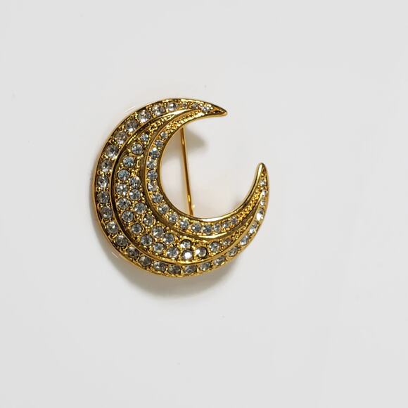Vintage Joan Rivers Gold Tone Rhinestone Crescent Moon Pin Brooch - Picture 2 of 4